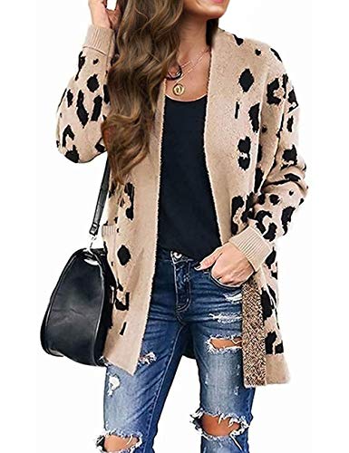 ZESICA Women's Long Sleeves Open Front Leopard Print Knitted Sweater Cardigan Coat Outwear with Pockets,A Beige,Small