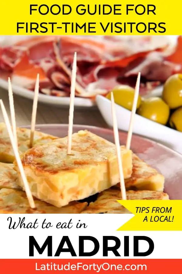 Food to eat in Madrid, Spain, if you're a first-time visitor. Try the traditional tapas of serrano ham, tortilla española, and wine, but there is so much more! Read the Mediterreanean foods, a list of restaurants, and a map! A foodie guide for travelers! 