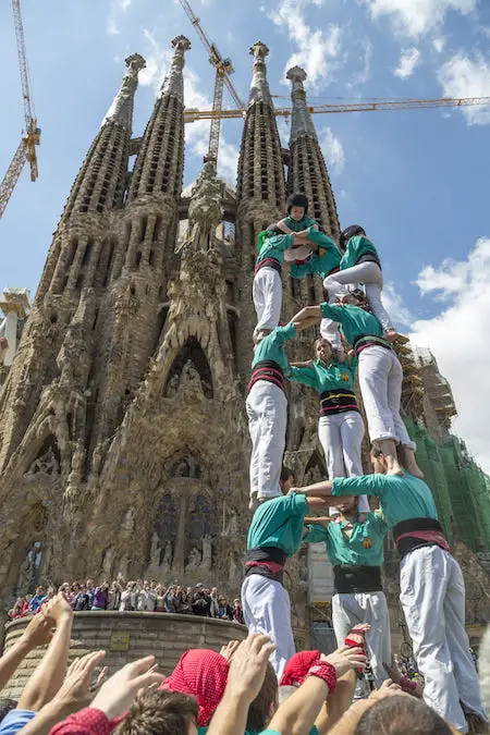 A human castle in front of the Sagrada Familia, Barcelona in APril